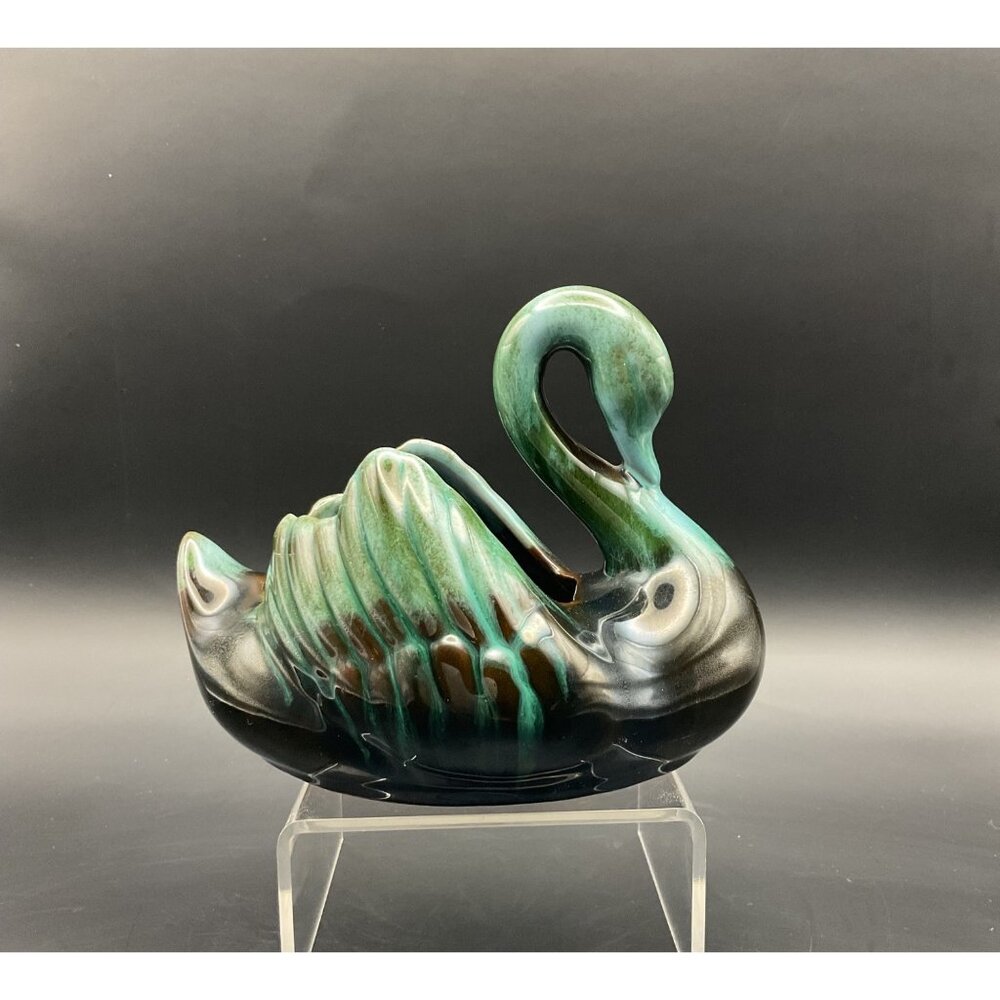 Vtg Blue Mountain Pottery Ceramic Swan Planter Vase Blue Green Drip Glaze Canada